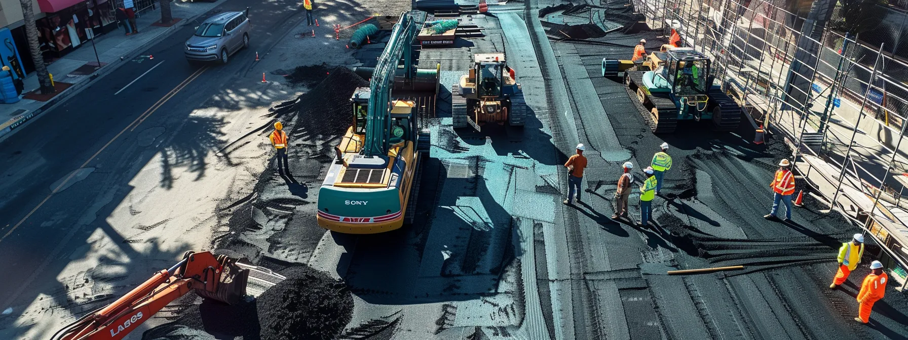 a bustling urban construction site in san diego, featuring workers actively laying high-quality asphalt while modern machinery buzzes nearby, showcasing the economic vitality and collaborative effort behind urban infrastructure development.