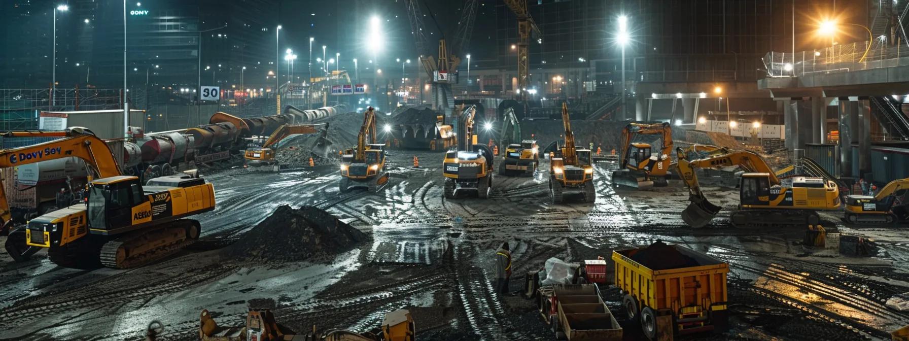a bustling urban construction site showcases a team of skilled professionals operating advanced asphalt paving machinery under the glow of floodlights, coordinating seamlessly to execute a complex paving project with precision and efficiency. a bustling urban construction site showcases a team of skilled professionals operating advanced asphalt paving machinery under the glow of floodlights, coordinating seamlessly to execute a complex paving project with precision and efficiency.