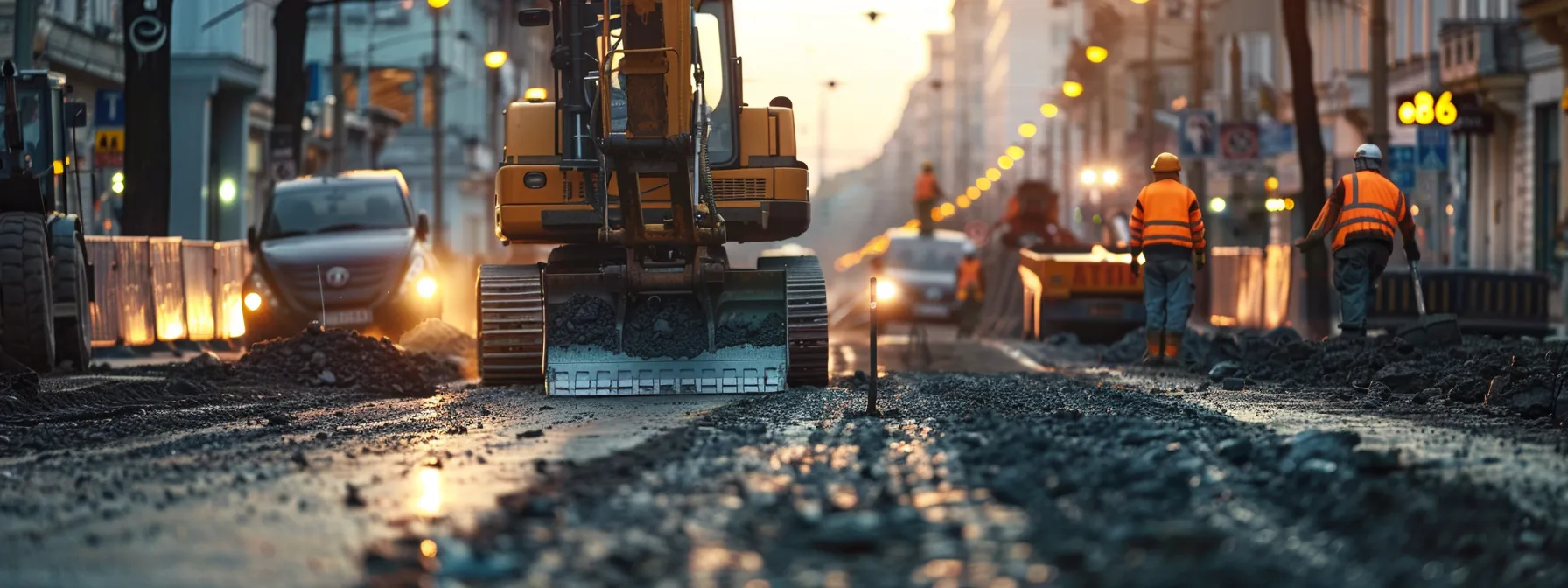 a bustling urban construction site showcases skilled professionals expertly grading fresh asphalt under bright overhead lights, emphasizing precision and the importance of high-quality pavement for enhancing property value.