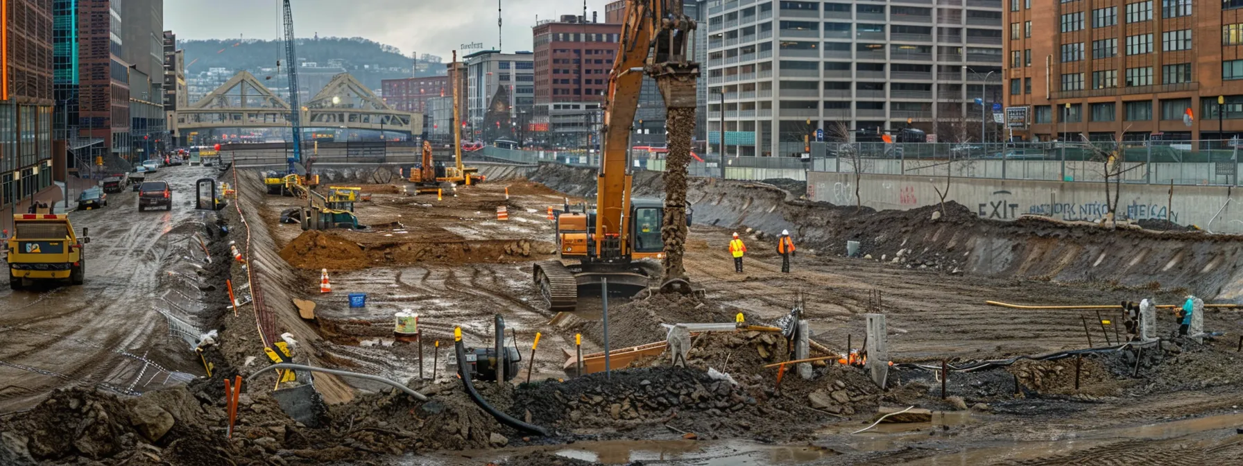 a bustling urban construction site in pittsburgh showcases heavy machinery and workers in safety gear managing the complexities of commercial demolition, with materials and debris neatly organized to highlight the intricate factors influencing project costs.