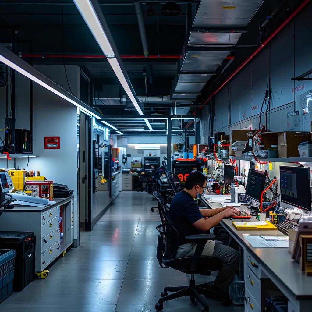a bustling urban emergency plumbing service office, illuminated by bright fluorescent lights, features sleek workstations with technicians reviewing blueprints and coordinating urgent repair calls on modern digital devices.