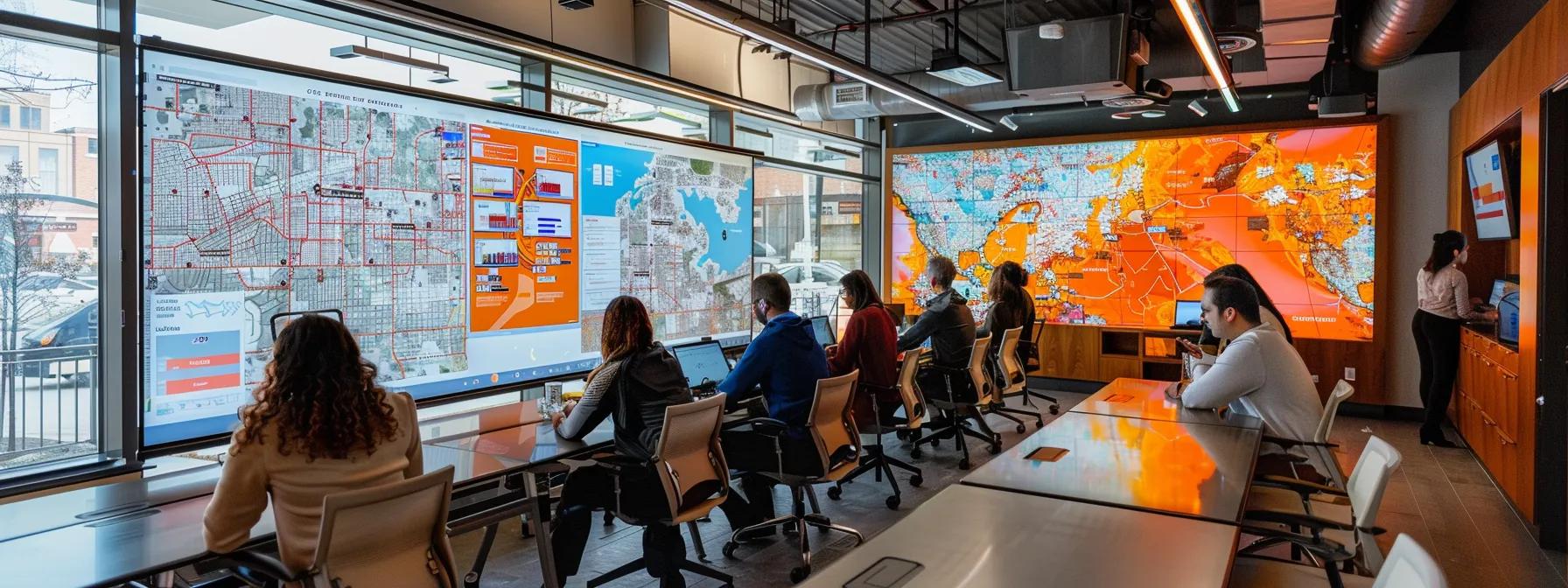 a bustling urban event planning office in laval, filled with diverse professionals engaging in a dynamic brainstorming session, analyzing transportation maps, and discussing community concerns while colorful charts and local insights are displayed prominently on a modern digital screen.