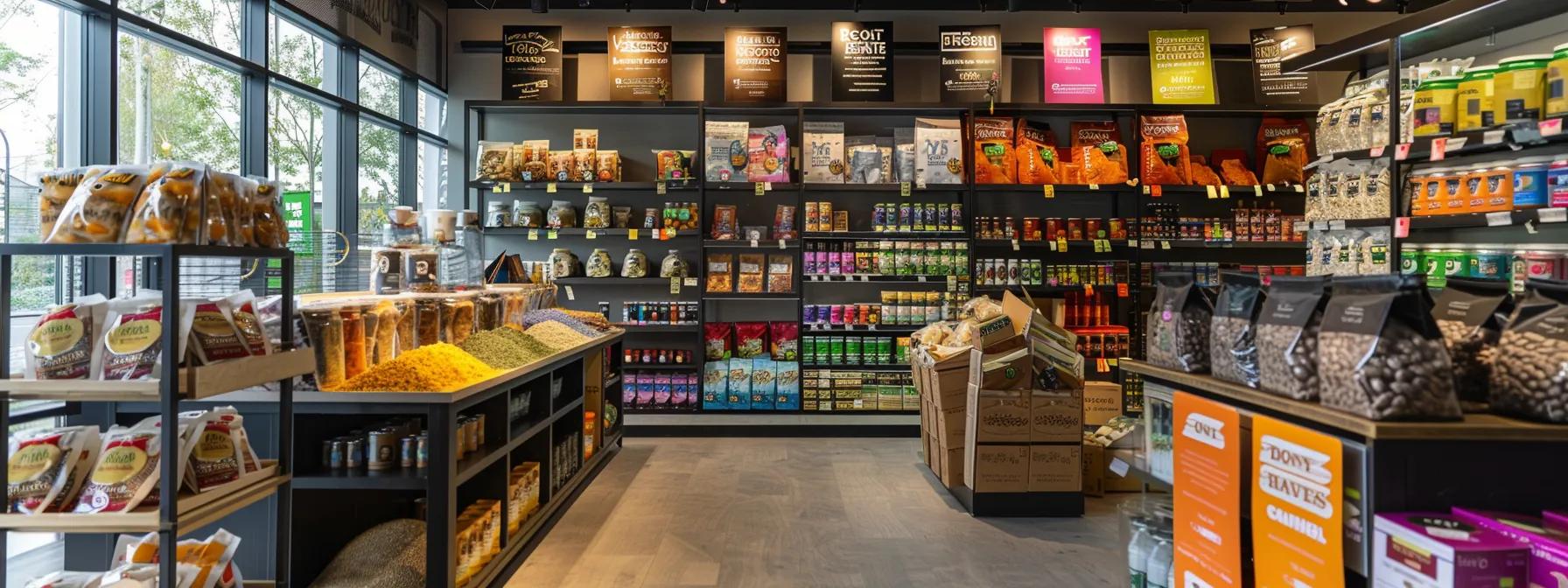 a bustling urban health food store showcases an array of colorful, high-quality ingredients for homemade dog treats, with vibrant labels highlighting organic and pesticide-free offerings against a sleek, modern backdrop. a bustling urban health food store showcases an array of colorful, high-quality ingredients for homemade dog treats, with vibrant labels highlighting organic and pesticide-free offerings against a sleek, modern backdrop.
