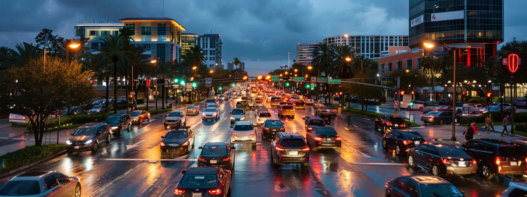 a bustling urban intersection in wesley chapel during rush hour, showcasing congested traffic with frustrated drivers and clear road signs indicating peak times, set against a backdrop of modern buildings reflecting the area's vibrant community dynamics.
