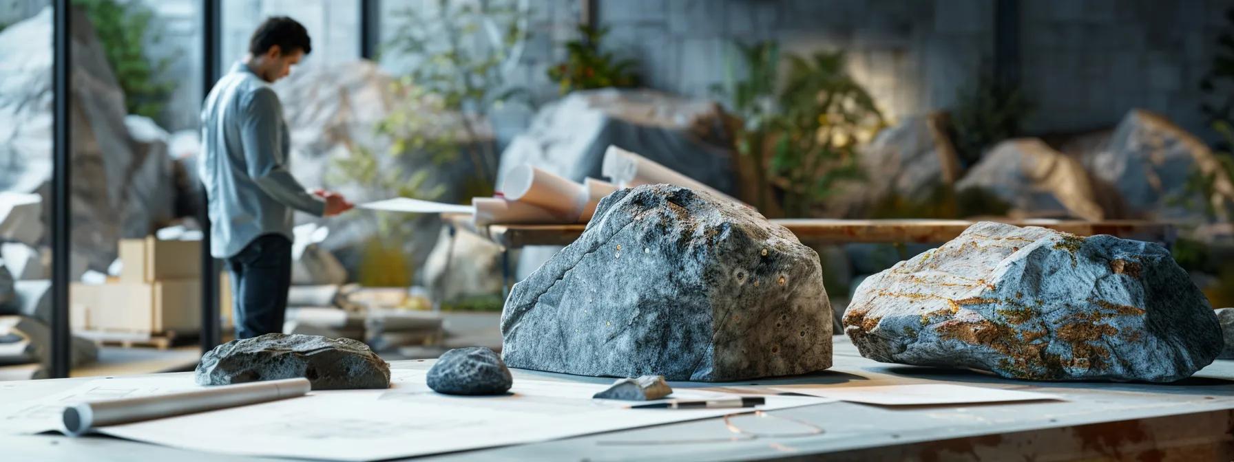 a bustling urban landscape features a modern landscaping office where a designer analyzes a variety of large boulders, meticulously arranged on a sleek table, with blueprints and design sketches prominently displayed under bright, focused lighting.