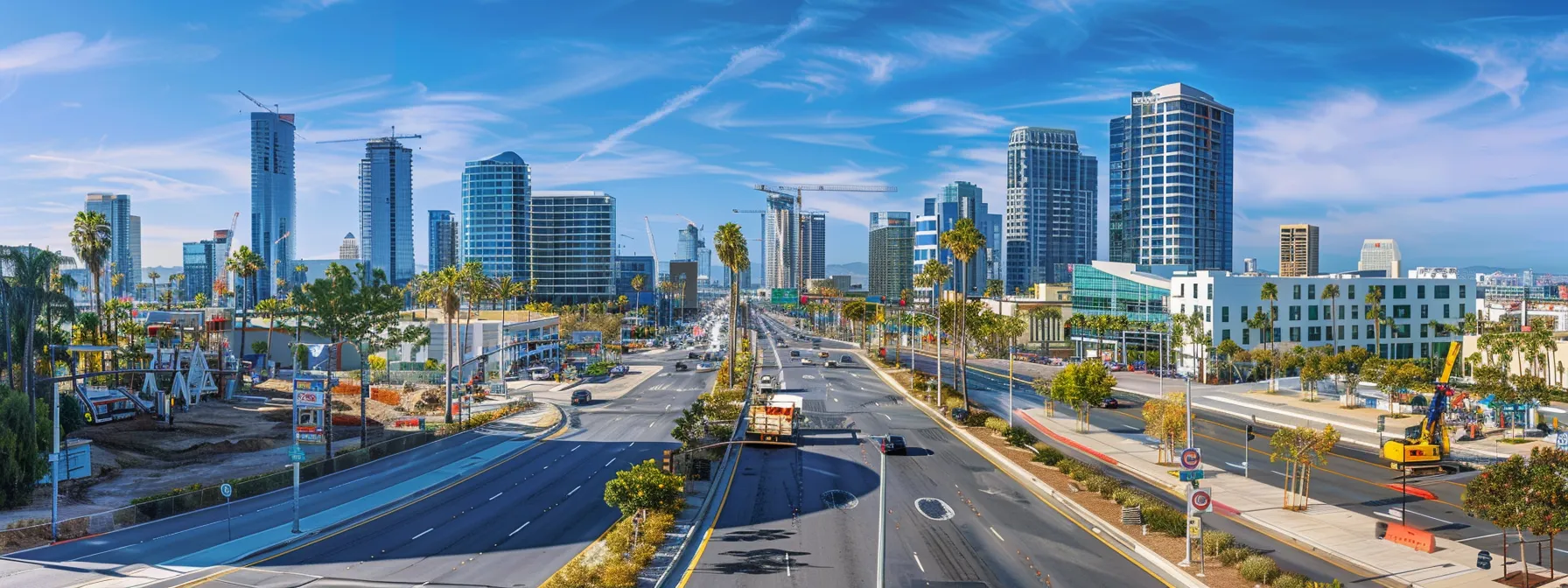 a bustling urban landscape of san diego showcases well-maintained asphalt roads and streets, with construction crews actively working on infrastructure improvements, highlighting the critical role of asphalt in supporting the city's development and climate resilience.