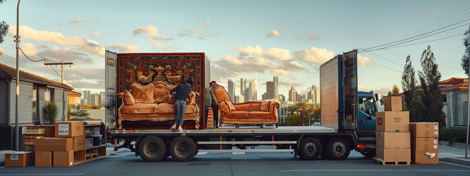 a bustling urban moving scene showcases professional furniture removalists efficiently loading a large, intricate antique sofa onto a modern truck, surrounded by packed boxes and a city skyline in the background, emphasizing the organized chaos of a stress-free move in perth.