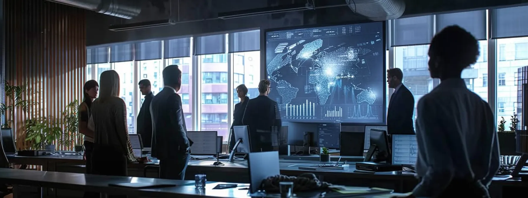 a bustling urban office environment showcases a polished team gathered around a sleek conference table, intently discussing asphalt paving costs, with graphs and charts displayed on a digital screen emphasizing key financial insights.