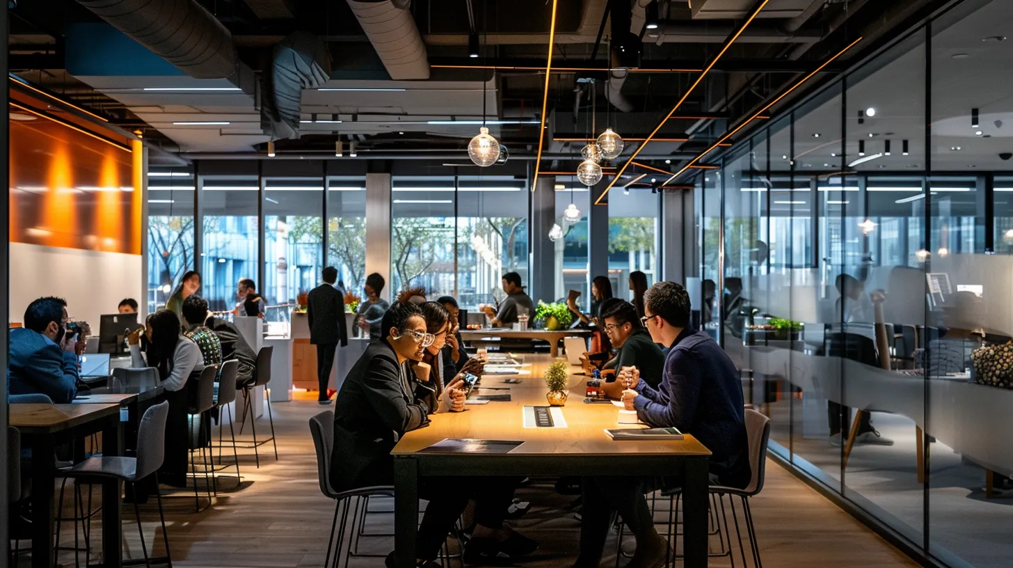 a bustling urban office filled with diverse professionals engaged in collaborative discussions, illuminated by sleek overhead lighting and featuring modern design elements. a bustling urban office filled with diverse professionals engaged in collaborative discussions, illuminated by sleek overhead lighting and featuring modern design elements.