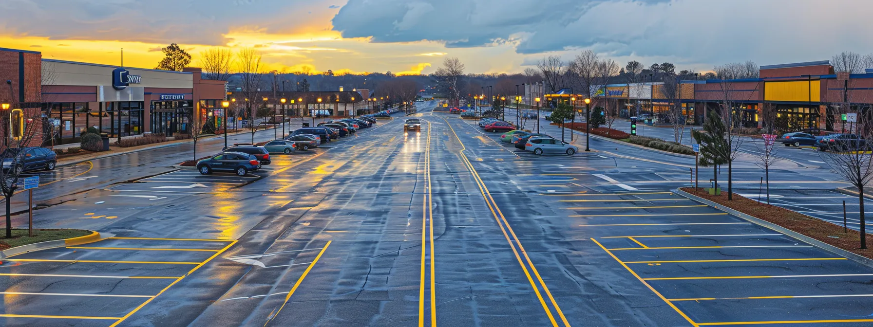 a bustling urban parking lot, vividly marked with freshly painted bright yellow and white lines, showcases organized traffic flow and designated pedestrian walkways, highlighting the benefits of professional striping for local businesses in beckley.