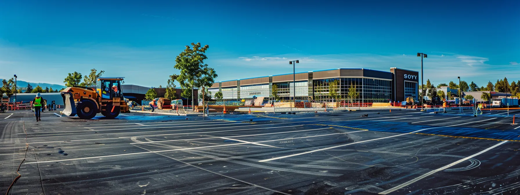 a bustling urban parking lot is vividly marked with fresh, sharp striping, showcasing workers in hard hats diligently applying road markings while local businesses thrive in the background, emphasizing the vibrant intersection of safety and commerce.