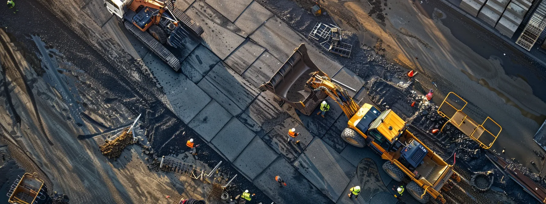 a bustling urban paving construction site in riverside showcases skilled workers evaluating asphalt and concrete options, surrounded by machinery and project plans that highlight the complexity and professionalism involved in choosing the right paving solution.