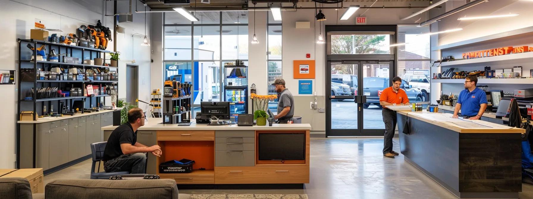 a bustling urban plumbing service office, featuring a sleek reception area with modern decor, prominently displaying tools and equipment, while a knowledgeable technician consults with a client over a vibrant blueprint on a large table. a bustling urban plumbing service office, featuring a sleek reception area with modern decor, prominently displaying tools and equipment, while a knowledgeable technician consults with a client over a vibrant blueprint on a large table.
