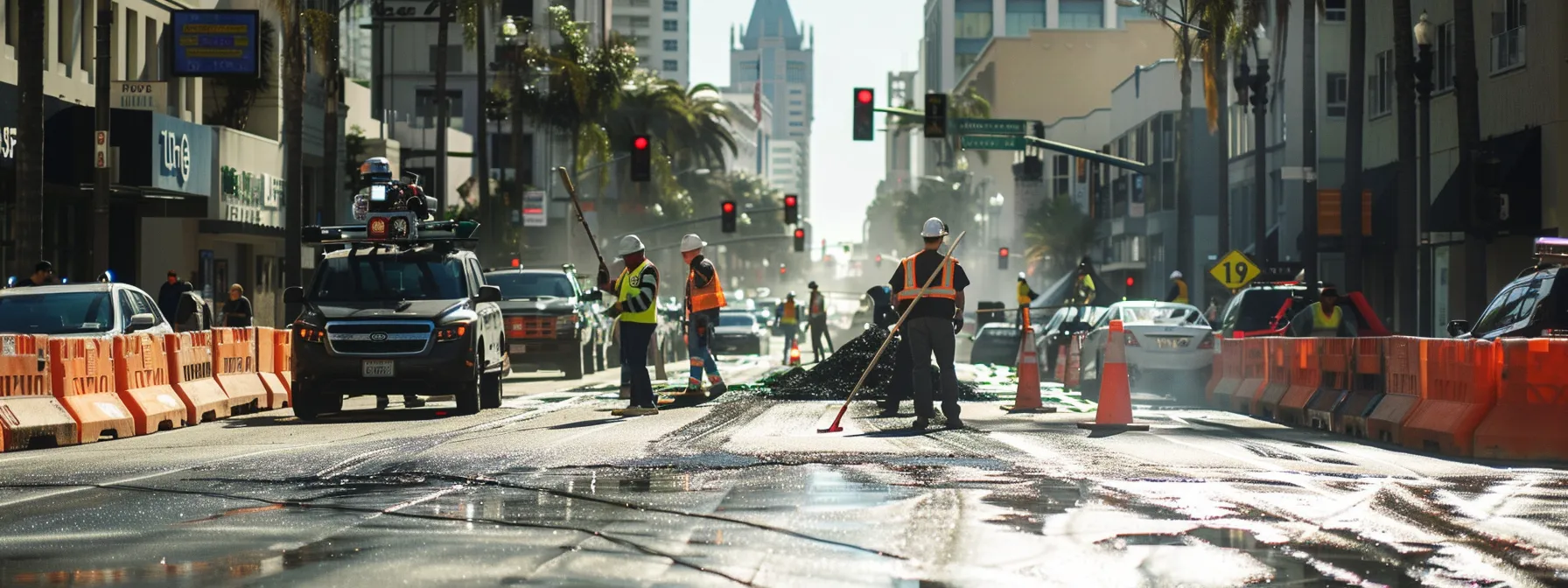 a bustling urban scene in san diego showcasing a crew applying seal coating on a busy street, surrounded by diverse pavement types and clear signage indicating local regulations, all under the bright sun.