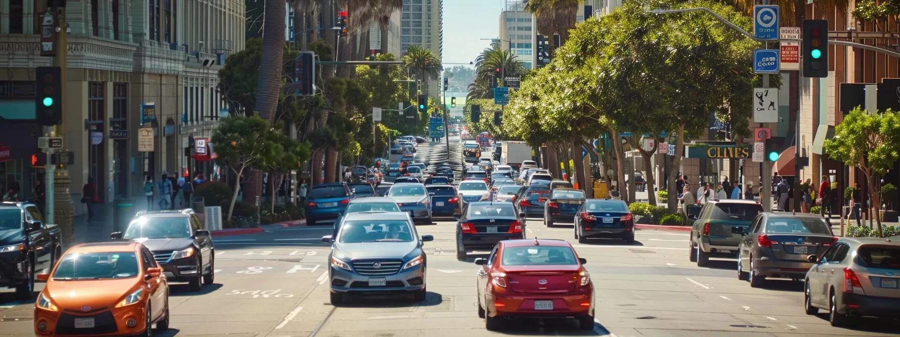 a bustling urban street in downtown san diego features a clearly marked speed bump, surrounded by attentive drivers and pedestrians, highlighting the effectiveness of traffic calming measures in enhancing safety.