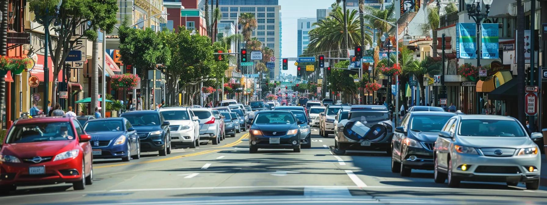 a bustling urban street in san diego showcases strategically placed speed bumps, with vehicles slowing down in a controlled traffic environment as pedestrians navigate safely nearby, emphasizing the impact on local traffic flow and safety.