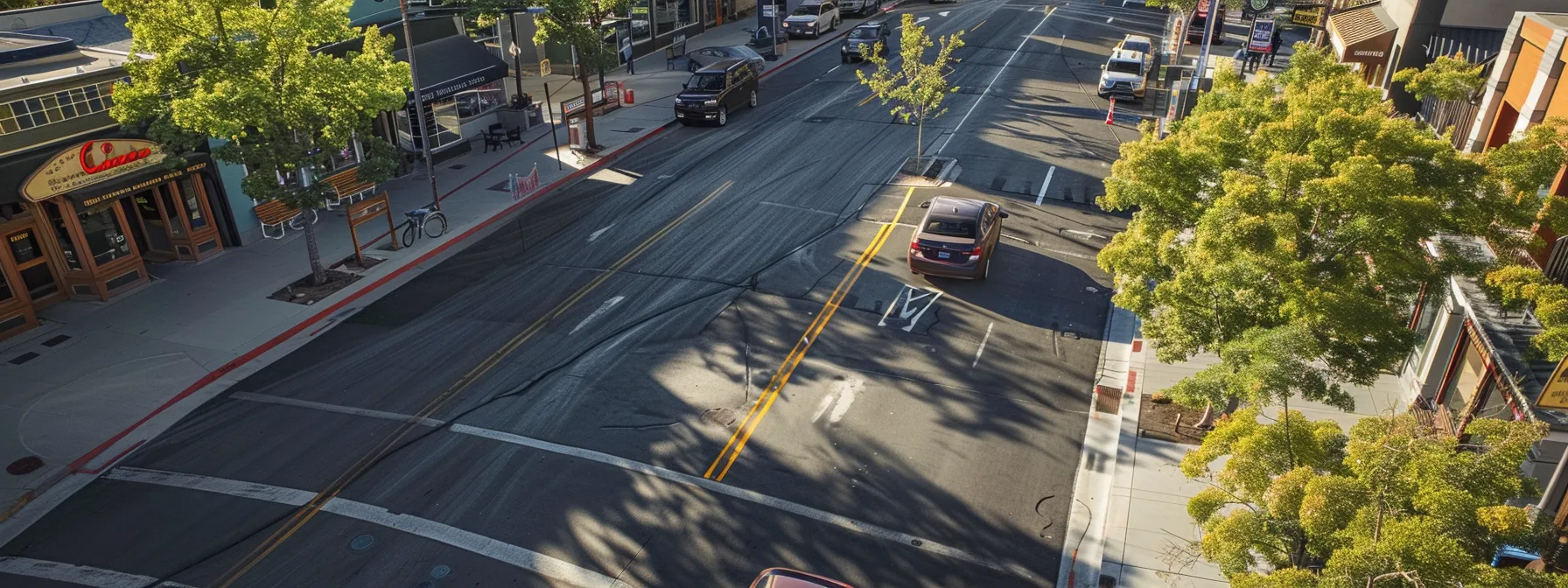 a bustling urban street in riverside showcases a variety of affordable asphalt paving options, with homeowners discussing budget-friendly choices next to freshly laid pavement and clear signage indicating local discounts and resources for diy projects.