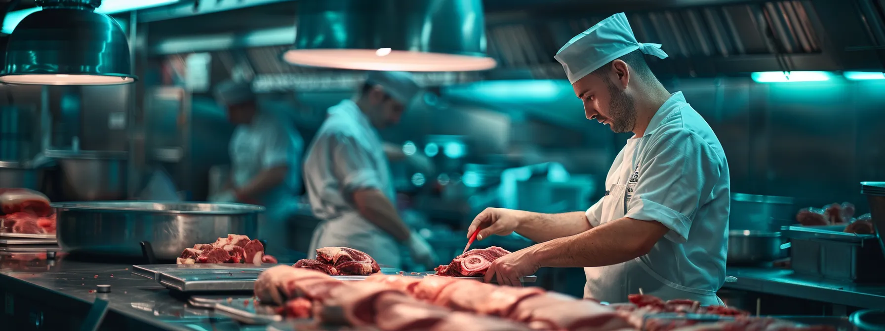 a busy butcher shop interior showcases a skilled butcher assessing various cuts of beef on a stainless steel countertop, with labeled custom processing options prominently displayed, creating a vibrant and informative atmosphere. a busy butcher shop interior showcases a skilled butcher assessing various cuts of beef on a stainless steel countertop, with labeled custom processing options prominently displayed, creating a vibrant and informative atmosphere.