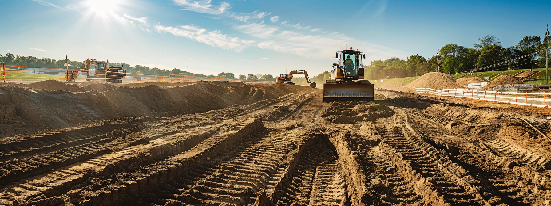a busy construction site in pittsburgh showcases heavy machinery leveling land, with workers assessing soil conditions and drainage systems under a clear blue sky, emphasizing the precision and complexity of the construction process.