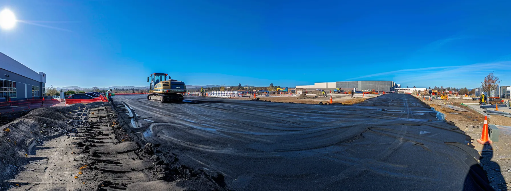 a busy construction site showcases a precision asphalt application process, with workers strategically maneuvering heavy machinery under a clear blue sky, emphasizing the intricacies of preparation and material quality essential for a durable pavement.
