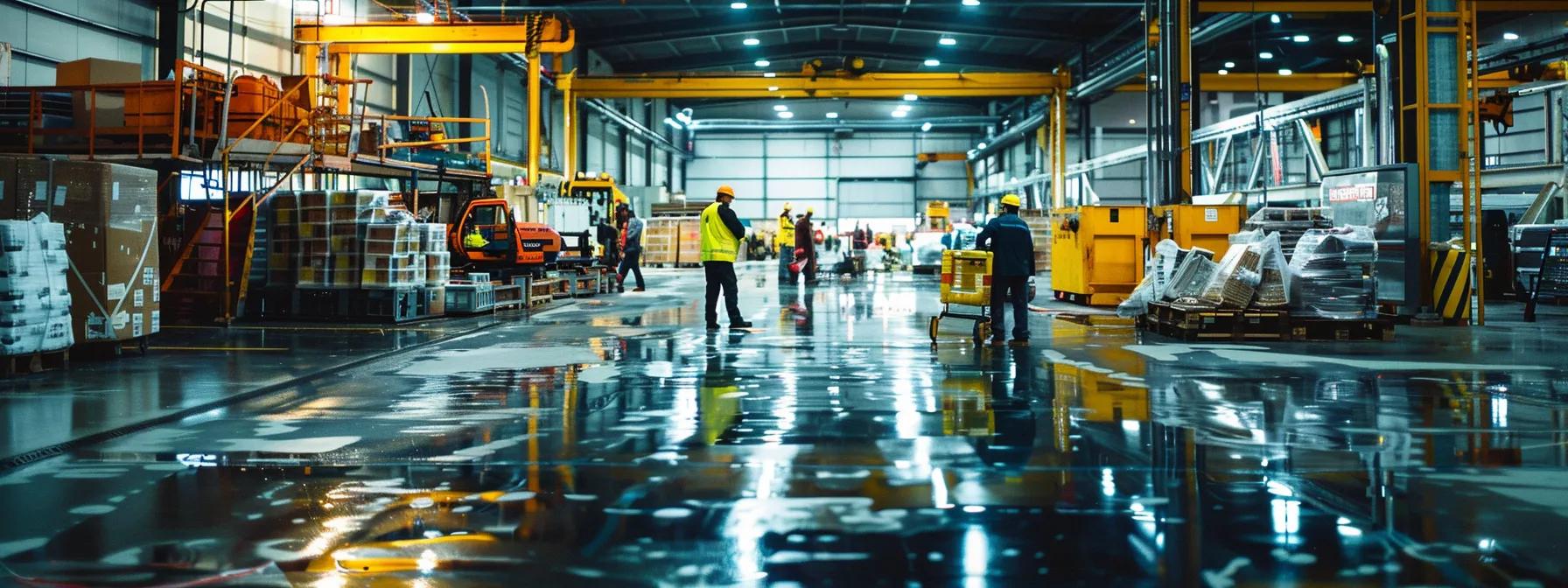 a busy industrial space showcases the meticulous installation of epoxy flooring, with workers in safety gear applying vibrant layers of resin over a freshly prepared, clean substrate under bright, adjustable work lights.