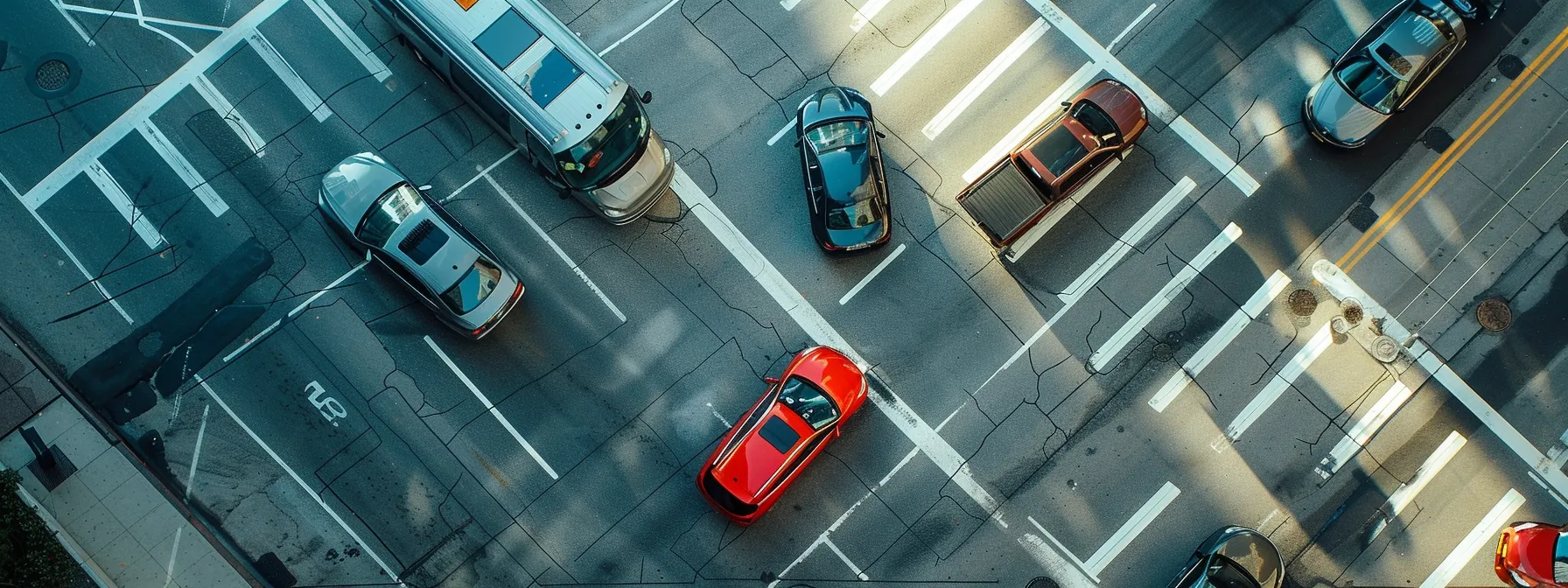 a busy parking lot in an urban setting illustrates various safety hazards, showcasing pedestrians navigating carefully around vehicles in a well-marked, iso-standard compliant area.
