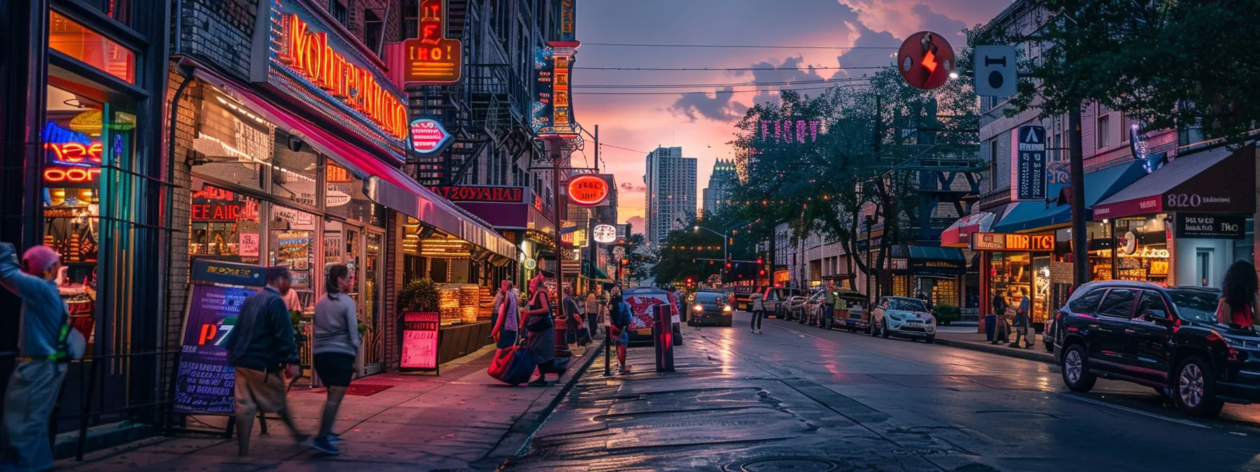 a busy urban street in houston showcases a vibrant storefront featuring striking signage, with bold colors and clear messaging illuminated by led lights, drawing in a diverse crowd of customers. a busy urban street in houston showcases a vibrant storefront featuring striking signage, with bold colors and clear messaging illuminated by led lights, drawing in a diverse crowd of customers.