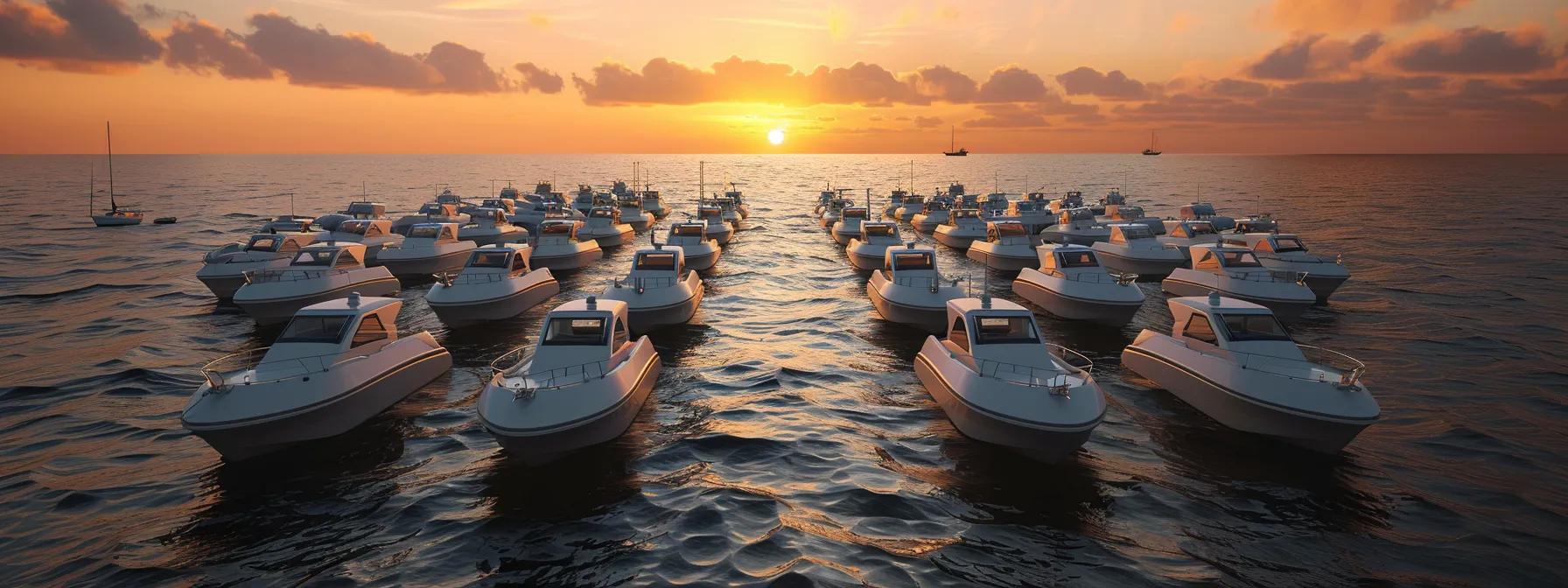 a camera capturing a vibrant sunrise over a sea of identical white boats, emphasizing the need for originality and creativity in a crowded market. a camera capturing a vibrant sunrise over a sea of identical white boats, emphasizing the need for originality and creativity in a crowded market.