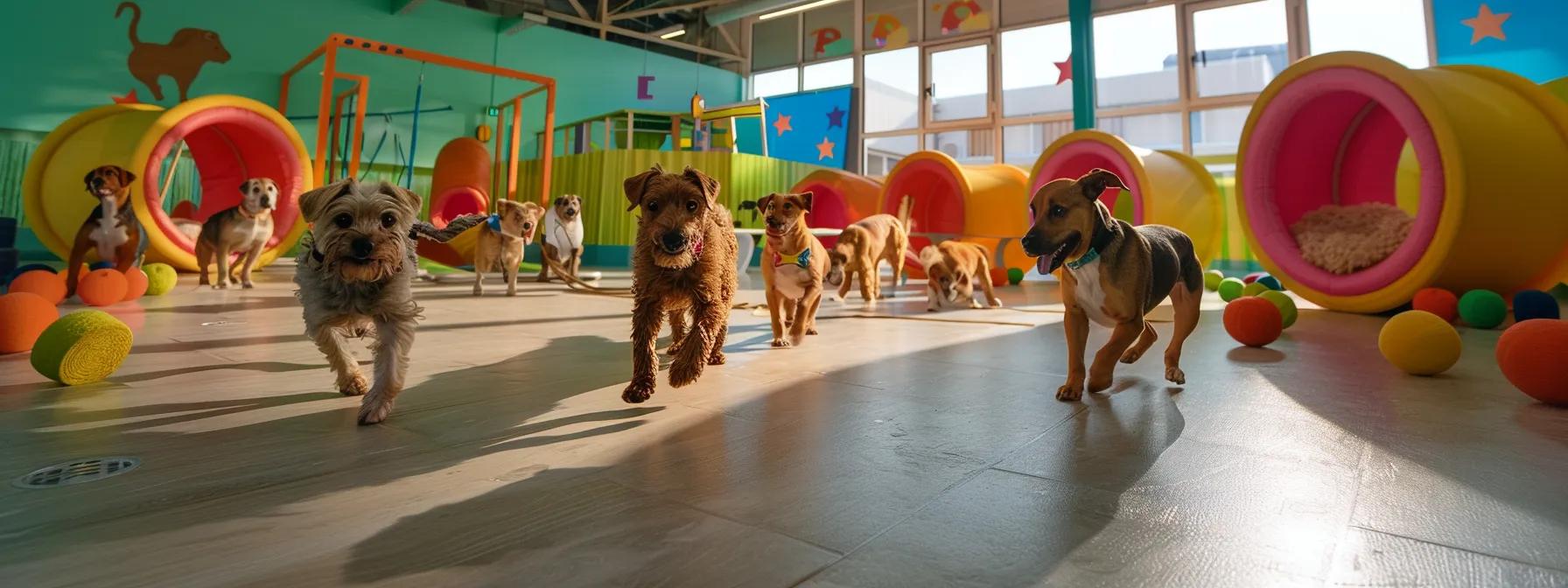 a candid glimpse inside a vibrant dog training facility showcases a playful group of doodles and retrievers engaging joyfully in a training session, with colorful training equipment scattered around, emphasizing the effectiveness of behavior training programs.