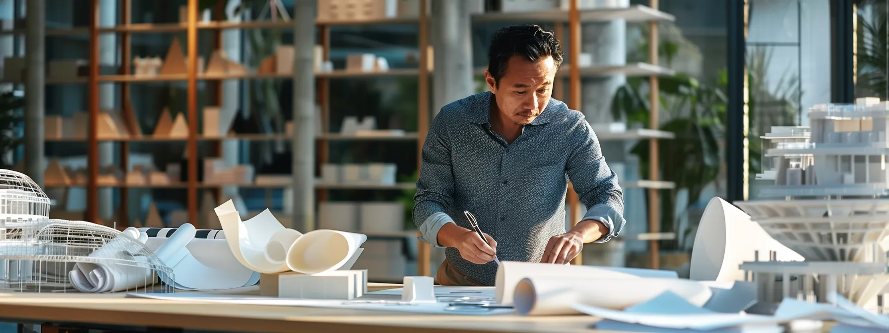a candid moment captures a focused architect reviewing blueprints in a sleek, modern office, surrounded by architectural models and vibrant design sketches, reflecting a dynamic creative process.