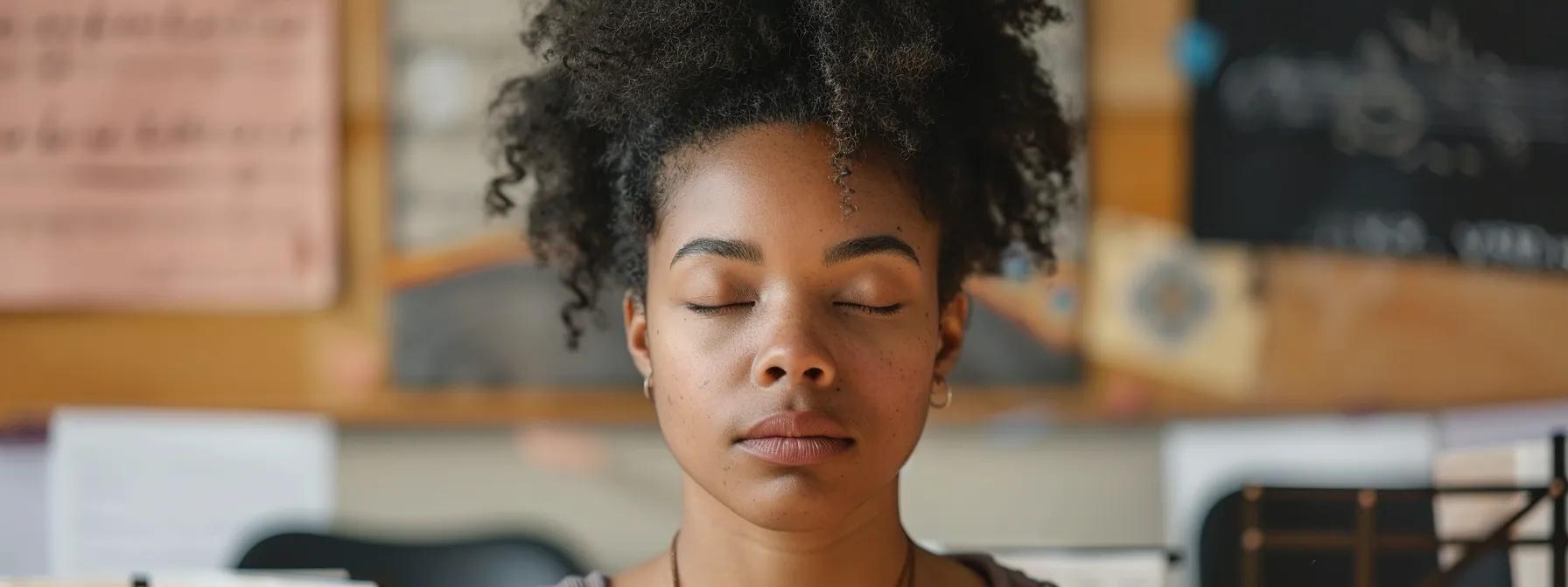 a candid moment captures a choir member in a cozy rehearsal room, sitting quietly with closed eyes and a serene expression, emphasizing the importance of resting their voice amidst a backdrop of musical scores and softly lit wall posters.