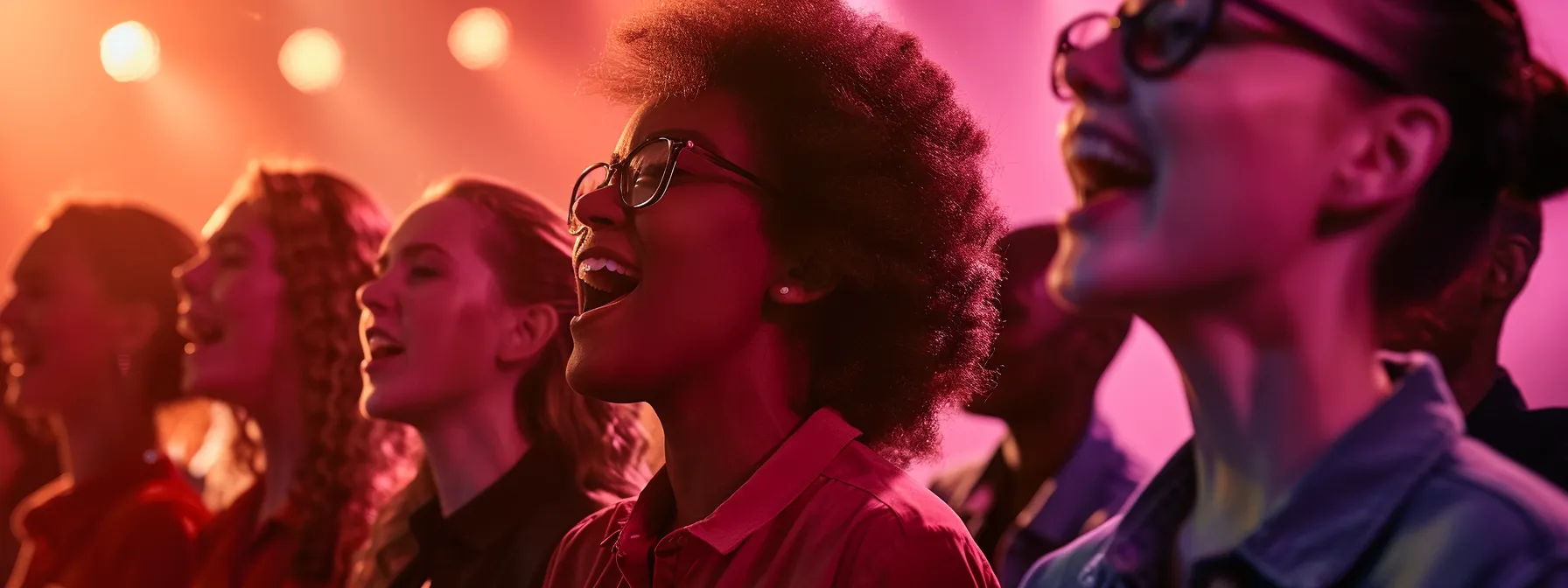 a candid moment featuring a diverse group of enthusiastic choir members harmoniously engaged in a lively rehearsal, surrounded by warm, ambient lighting that highlights their joyful expressions and the vibrant atmosphere of community connection. a candid moment featuring a diverse group of enthusiastic choir members harmoniously engaged in a lively rehearsal, surrounded by warm, ambient lighting that highlights their joyful expressions and the vibrant atmosphere of community connection.