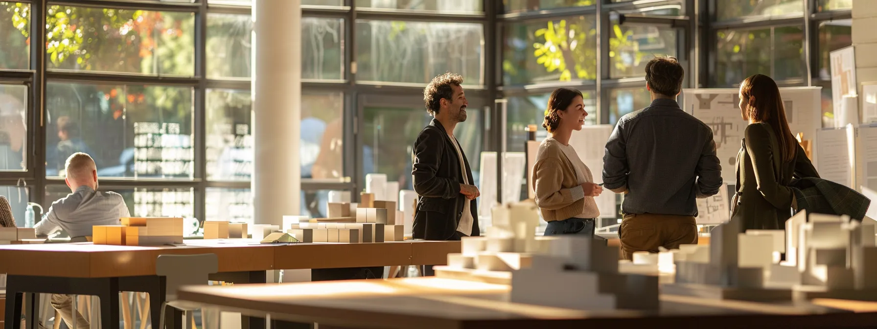a candid, realistic image captures a group of diverse licensed architects engaging in a lively discussion amidst innovative architectural models, illuminated by natural light streaming through large studio windows.