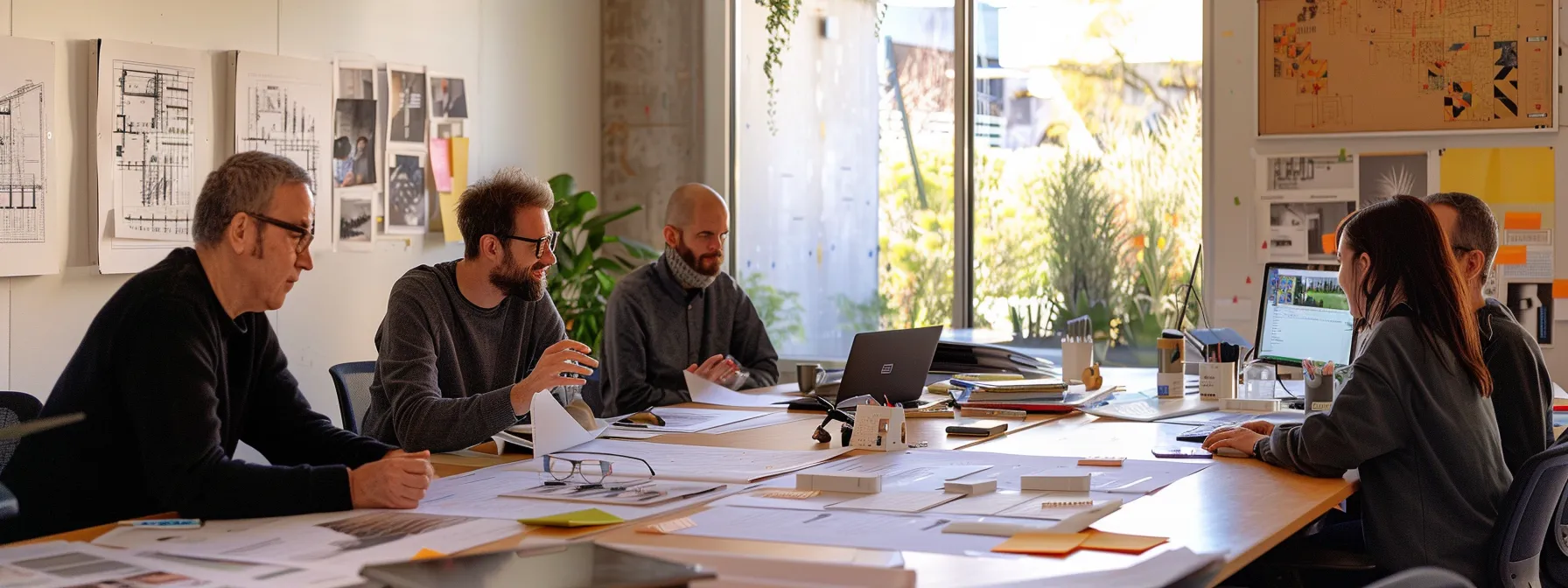 a candid, realistic image of diverse architects collaborating in a modern office space, engaged in vibrant discussion over architectural plans, showcasing the blend of creativity and practicality essential in their roles.