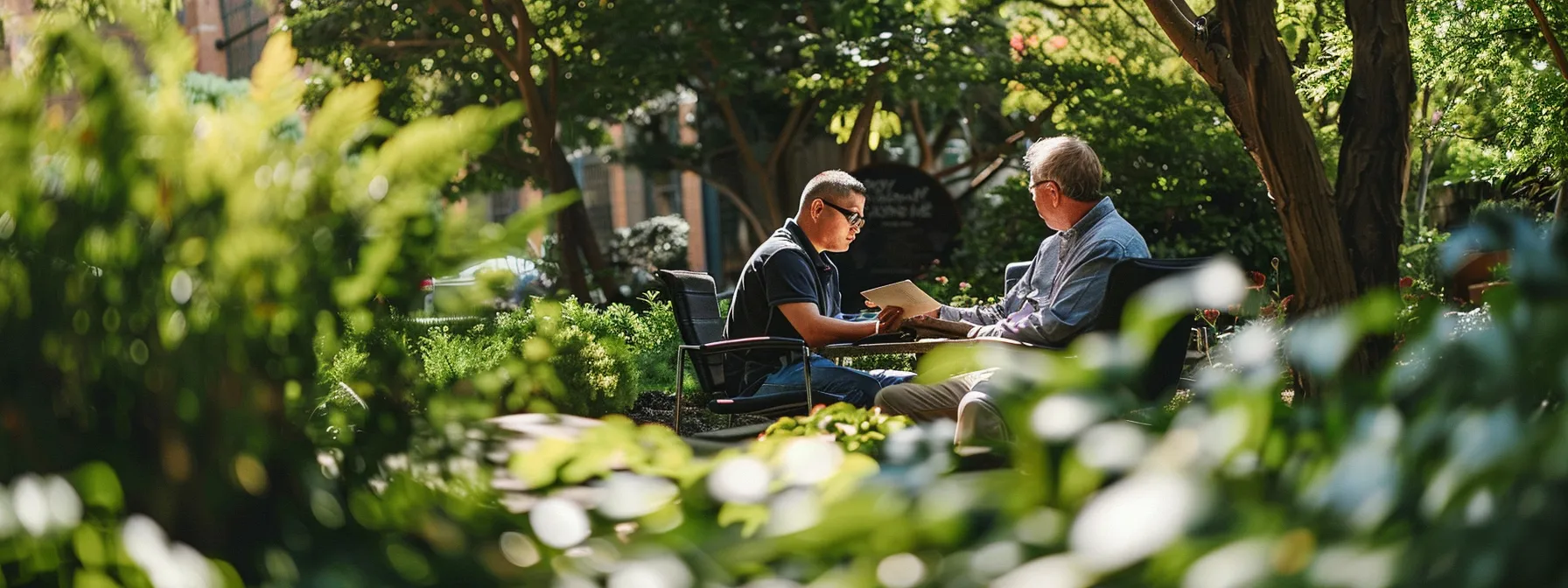 a candid, realistic photo capturing a professional landscaper engaged in a thoughtful interview with a potential candidate, surrounded by lush greenery, showcasing the essence of collaboration and expertise in landscape design. a candid, realistic photo capturing a professional landscaper engaged in a thoughtful interview with a potential candidate, surrounded by lush greenery, showcasing the essence of collaboration and expertise in landscape design.