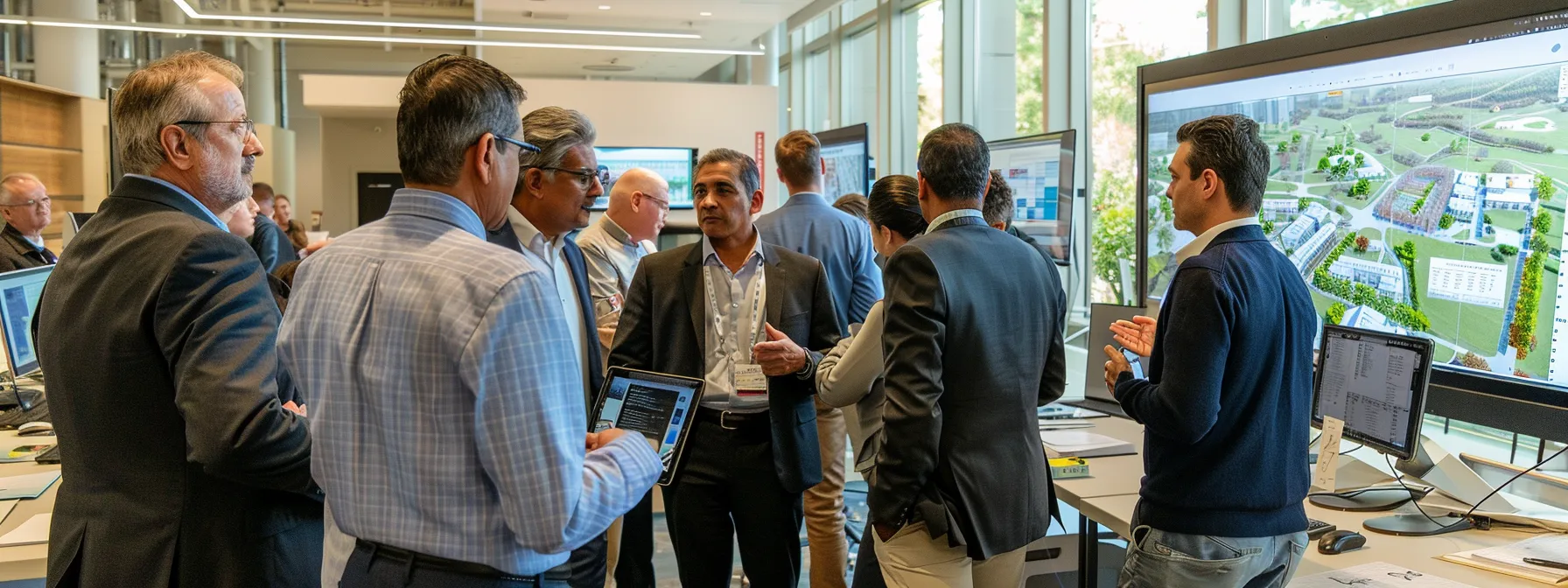 a candid, realistic photograph capturing a diverse group of architects engaged in an energetic conversation over digital devices, set against a modern, well-lit office backdrop that highlights their collaborative spirit and networking success.