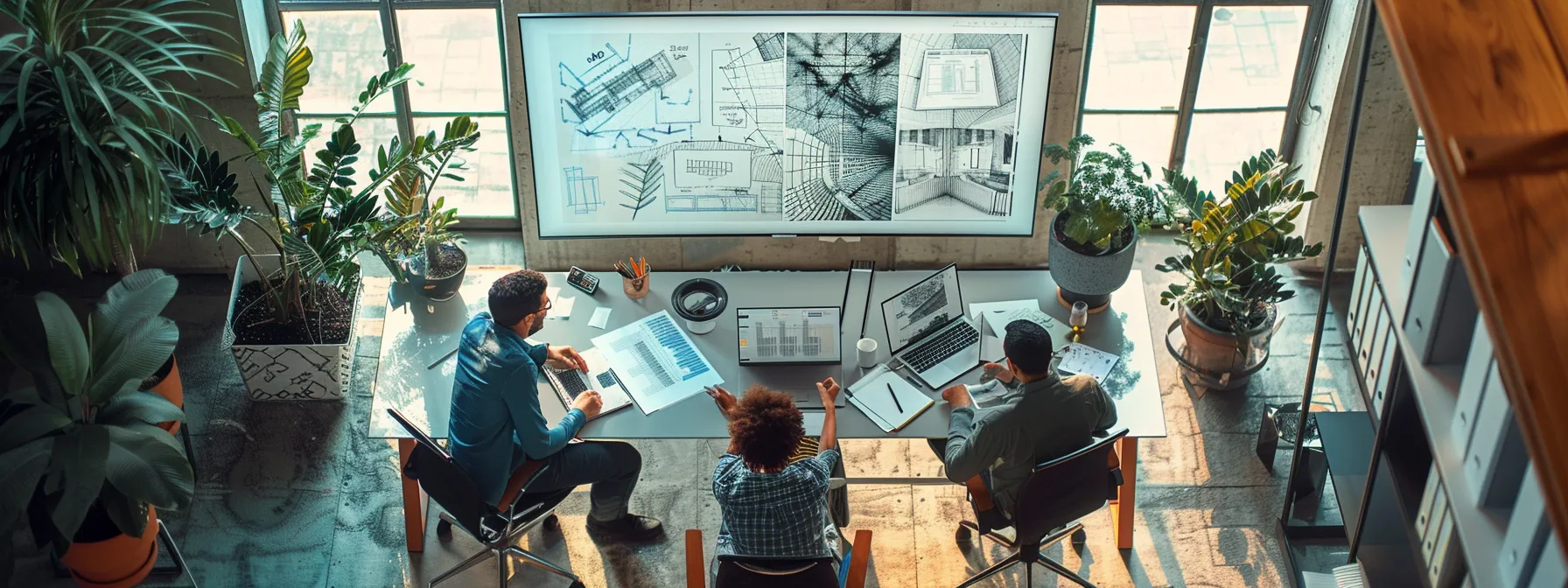 a candid, realistic scene of an architect engaged in a virtual meeting, surrounded by design sketches and blueprints, conveying the theme of navigating digital networking challenges.