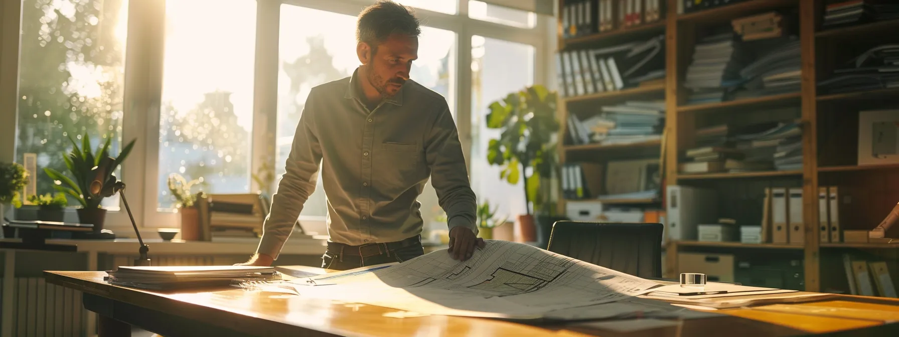 a candid, realistic shot captures an architect in a modern office, deeply engaged in a dynamic brainstorming session with intricate blueprints and digital models displayed prominently on sleek work surfaces.