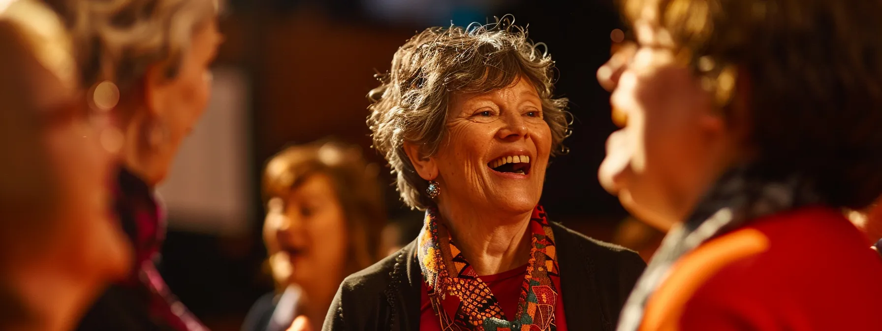 a candid shot of a choir director passionately interacting with fellow directors at a vibrant recital venue, surrounded by lively discussions and community feedback posters, illuminated by warm, inviting lighting. a candid shot of a choir director passionately interacting with fellow directors at a vibrant recital venue, surrounded by lively discussions and community feedback posters, illuminated by warm, inviting lighting.