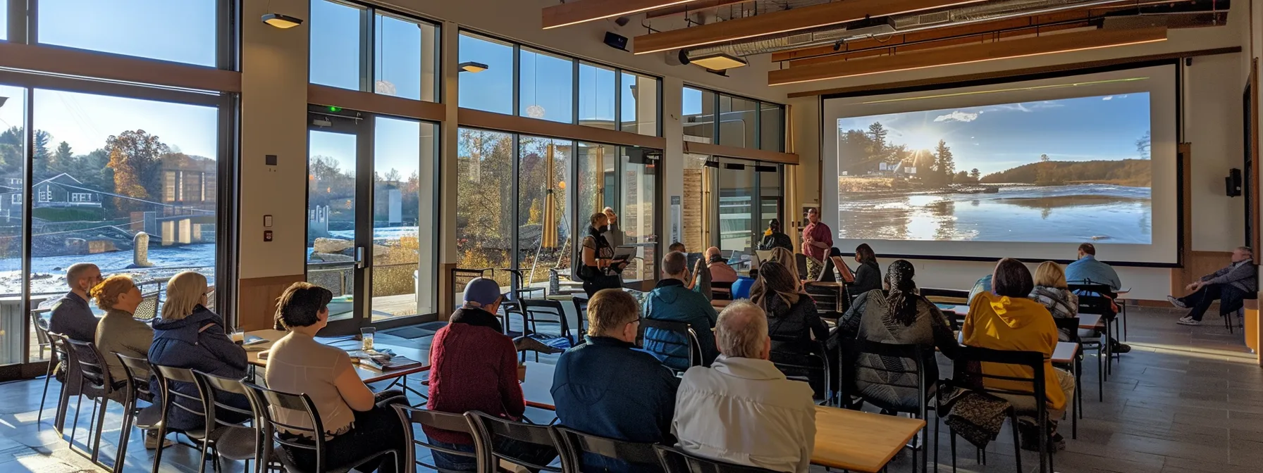 a candid shot of a gathered group of diverse community members passionately sharing stories in a well-lit, modern town hall, with the ocoee river’s imagery projected on a large screen, reflecting the river’s cultural significance and resilience in their personal narratives.