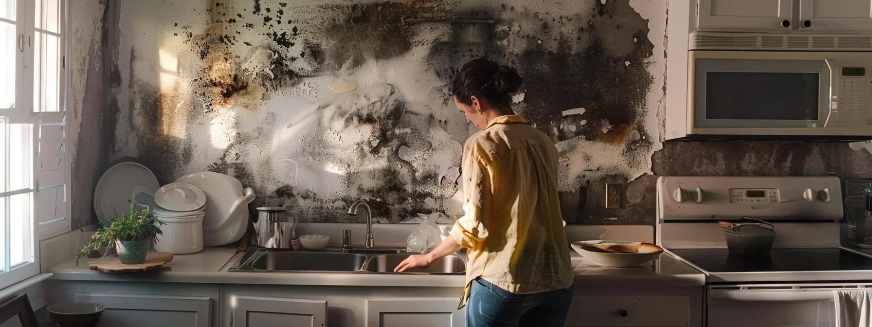 a candid shot of a concerned homeowner in a well-lit, modern kitchen, examining dark, irregular patches on a wall, highlighting the urgent need to address potential black mold health risks in tullahoma, tn.