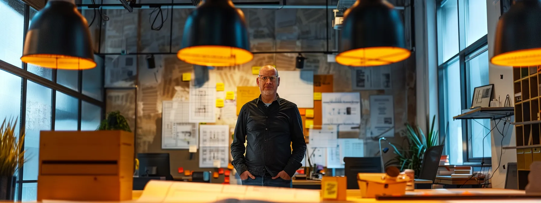 a candid shot of an architect immersed in a dynamic office environment, surrounded by detailed blueprints and innovative design models, captured in vibrant tones with dramatic overhead lighting.