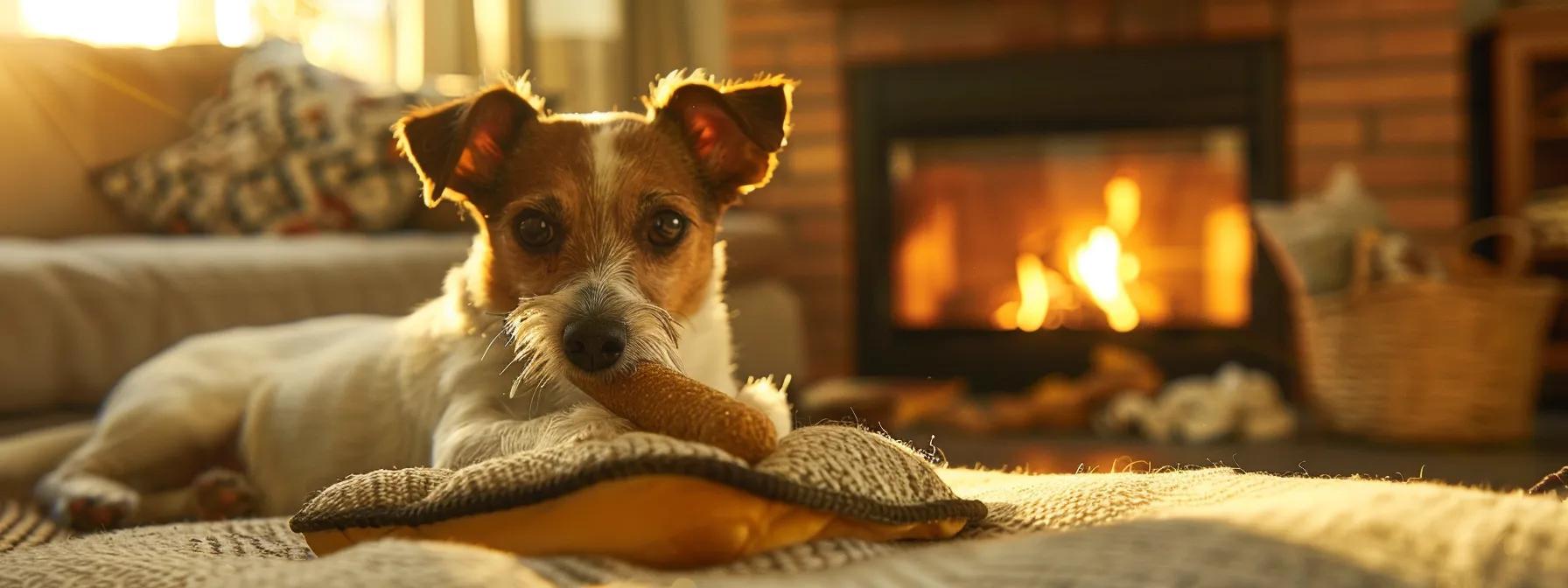 a canine happily chewing on a high-quality rawhide chew in a cozy, well-lit living room, showcasing the balance of enjoyment and health benefits for pets in a warm, inviting indoor setting. a canine happily chewing on a high-quality rawhide chew in a cozy, well-lit living room, showcasing the balance of enjoyment and health benefits for pets in a warm, inviting indoor setting.
