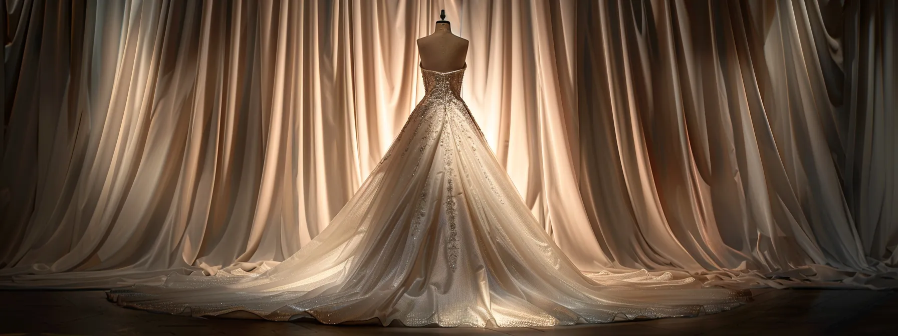 a captivating bridal boutique scene showcases a beautifully draped, modest wedding gown made of shimmering satin, elegantly displayed on a mannequin against a backdrop of soft, diffused lighting that enhances the gown's luxurious texture. a captivating bridal boutique scene showcases a beautifully draped, modest wedding gown made of shimmering satin, elegantly displayed on a mannequin against a backdrop of soft, diffused lighting that enhances the gown's luxurious texture.