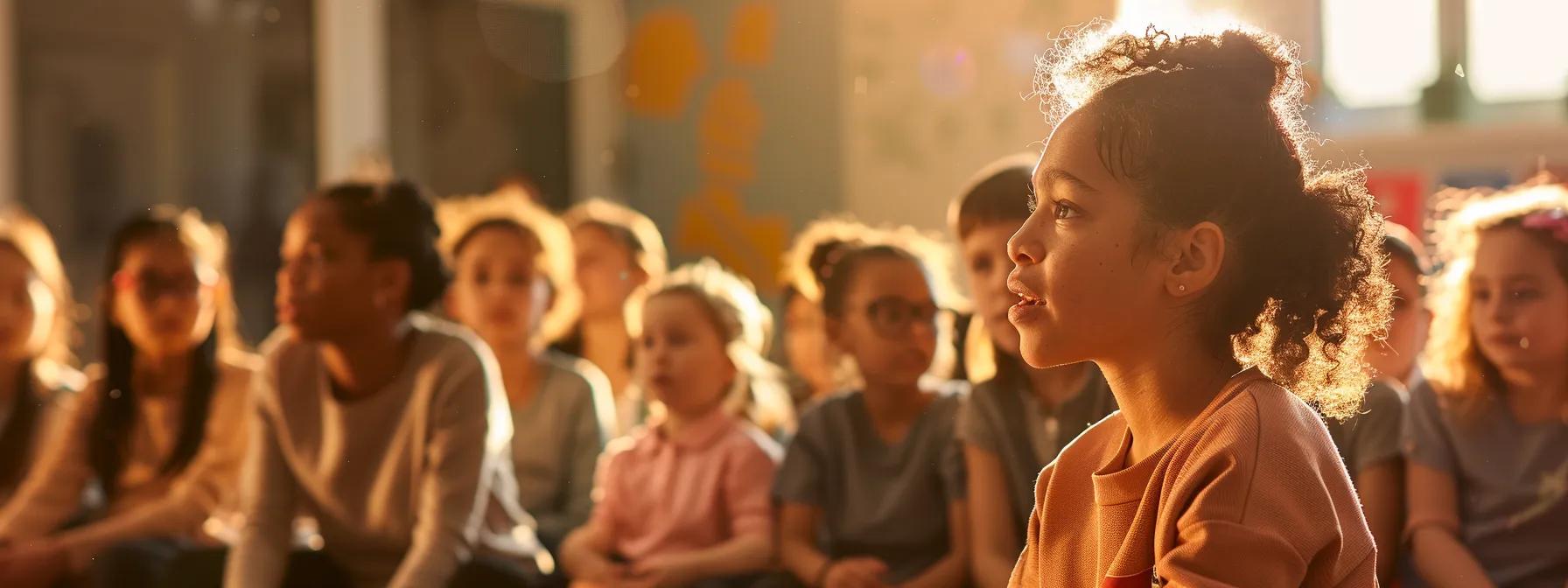 a captivating classroom setting showcases a diverse group of children attentively listening to a compassionate teacher as she uses engaging visuals to explain the concepts of good touch and bad touch, illuminated by warm, focused lighting. a captivating classroom setting showcases a diverse group of children attentively listening to a compassionate teacher as she uses engaging visuals to explain the concepts of good touch and bad touch, illuminated by warm, focused lighting.