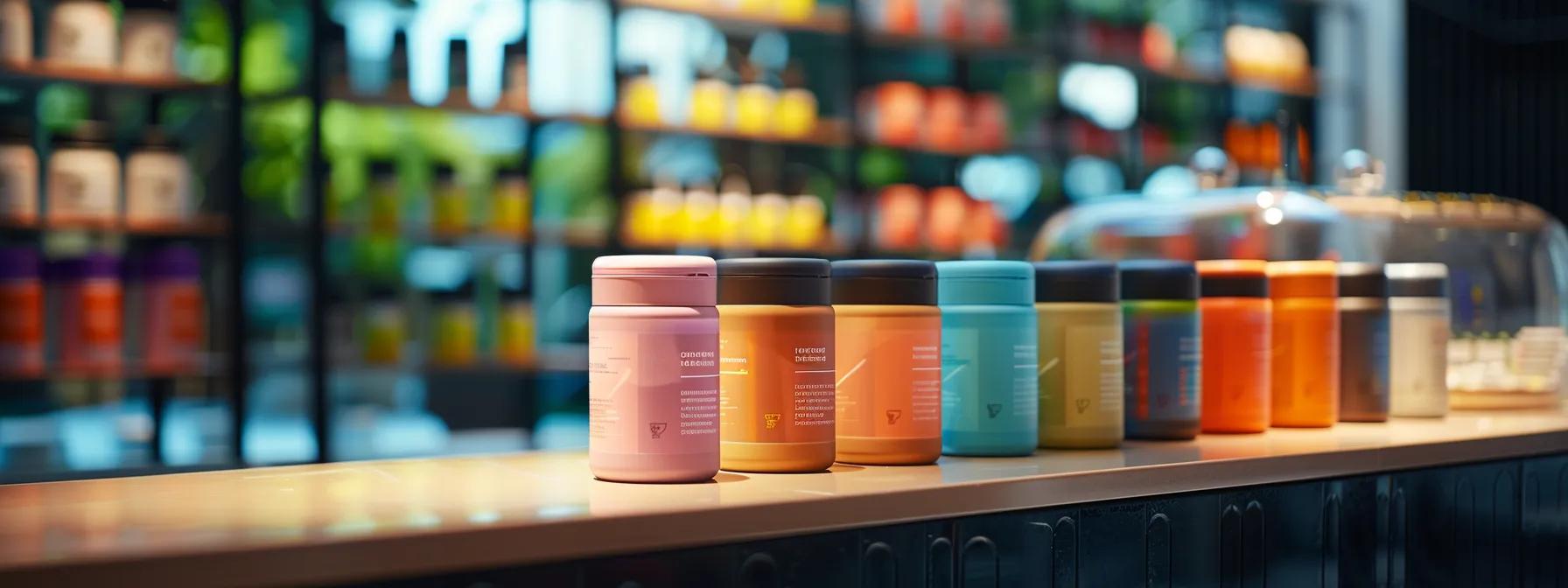 a captivating display of diverse protein powder containers, each showcasing unique labels and vibrant colors, set against a sleek, modern countertop illuminated by soft, natural light to evoke a sense of quality and innovation in nutritional supplements.