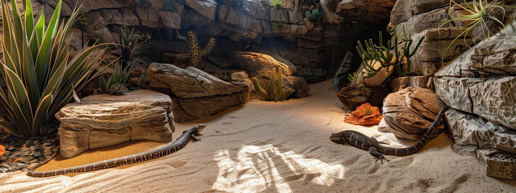 a captivating indoor lizard habitat showcases a meticulously designed desert oasis with rustic rock formations, vibrant sand textures, and strategically placed decor, highlighting the creature's optimal living conditions and immersive aesthetic. a captivating indoor lizard habitat showcases a meticulously designed desert oasis with rustic rock formations, vibrant sand textures, and strategically placed decor, highlighting the creature's optimal living conditions and immersive aesthetic.