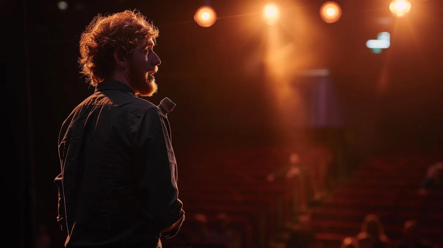 a captivating storyteller stands on stage, passionately engaging an audience, their expressive face illuminated by warm spotlight, conveying a powerful mix of humor and seriousness that draws viewers into an emotional narrative journey. a captivating storyteller stands on stage, passionately engaging an audience, their expressive face illuminated by warm spotlight, conveying a powerful mix of humor and seriousness that draws viewers into an emotional narrative journey.