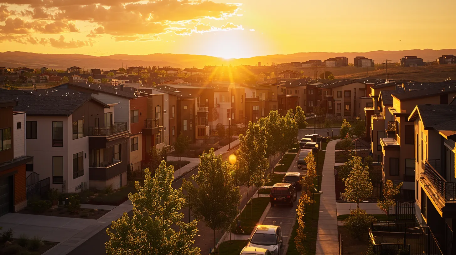 a captivating view of modern condominiums and single-family homes in a bustling urban neighborhood during golden hour, exuding a warm and inviting atmosphere that highlights the accessibility and appeal of affordable city living. a captivating view of modern condominiums and single-family homes in a bustling urban neighborhood during golden hour, exuding a warm and inviting atmosphere that highlights the accessibility and appeal of affordable city living.