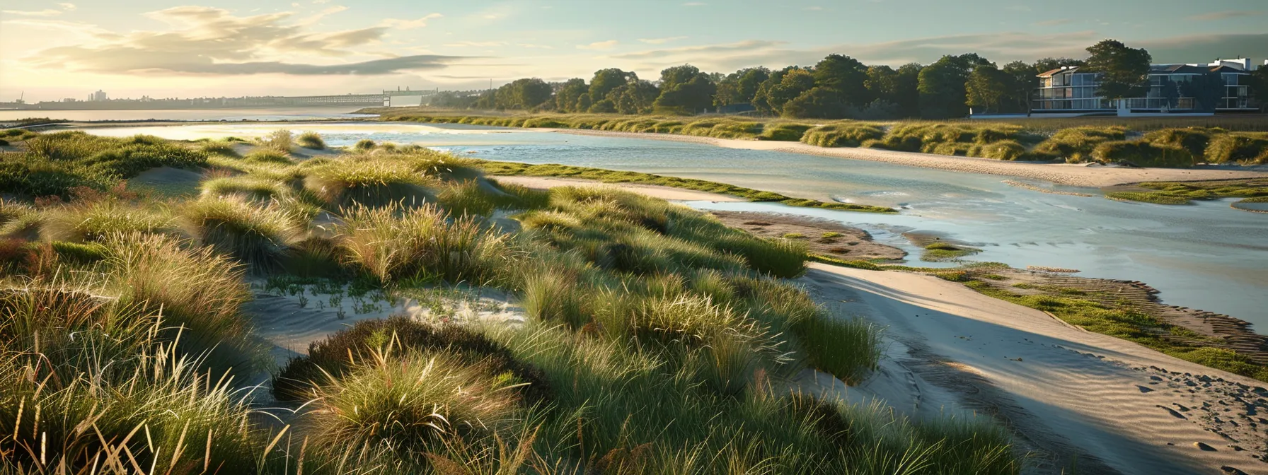 a carefully engineered shoreline displays innovative erosion control techniques, featuring robust erosion control blankets, meticulously placed sod dunes, and newly nourished beach areas, all in a well-organized urban coastal setting that emphasizes stability and environmental responsibility.